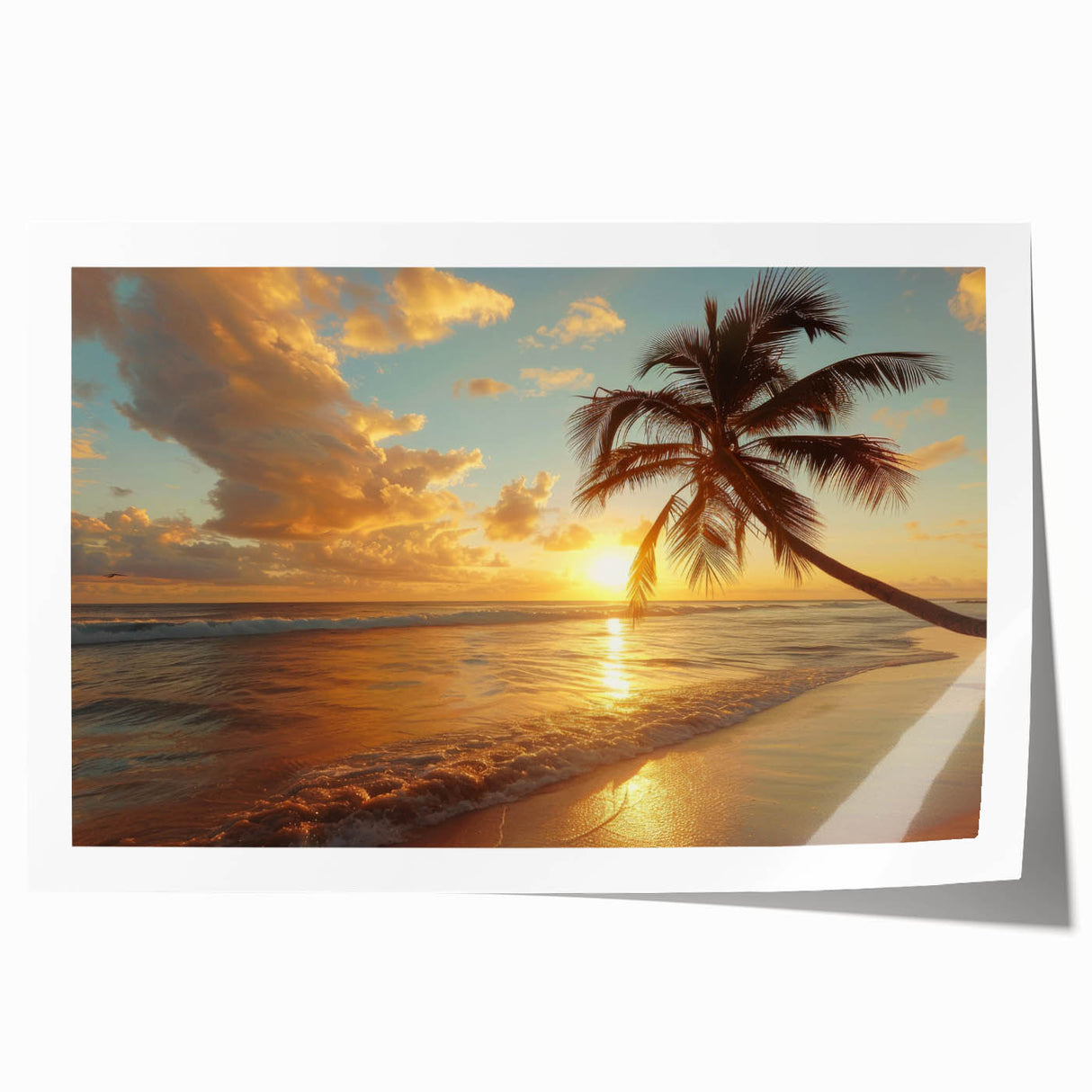 Rolled print of a Caribbean beach scene with soft blue and sandy tones, ideal for art wall dining room.