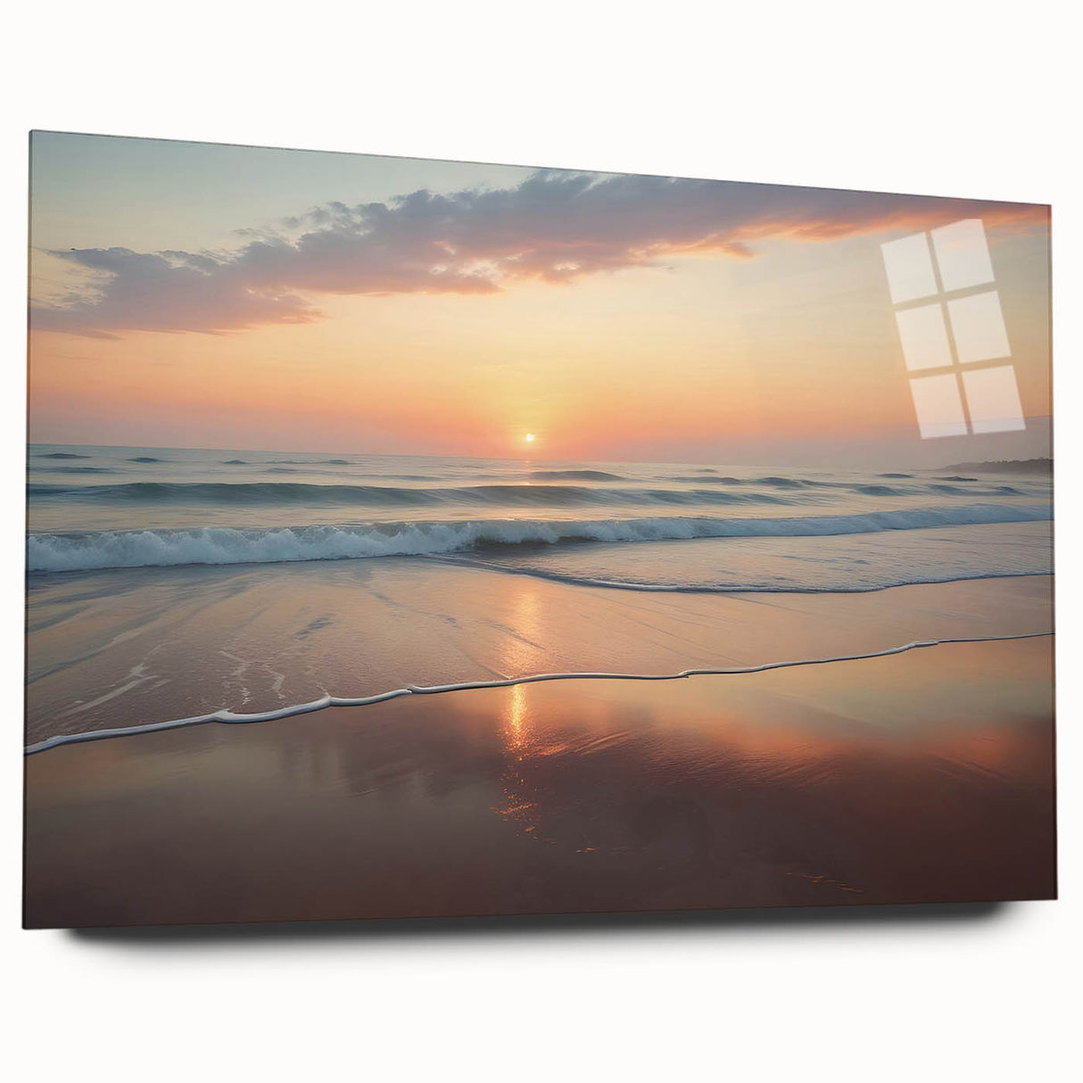 Large abstract depiction of a Caribbean scene on acrylic glass, featuring vivid blue and green tones.