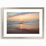 Extra large abstract art print depicting a textured Caribbean scene in muted blue and green tones, framed in silver.