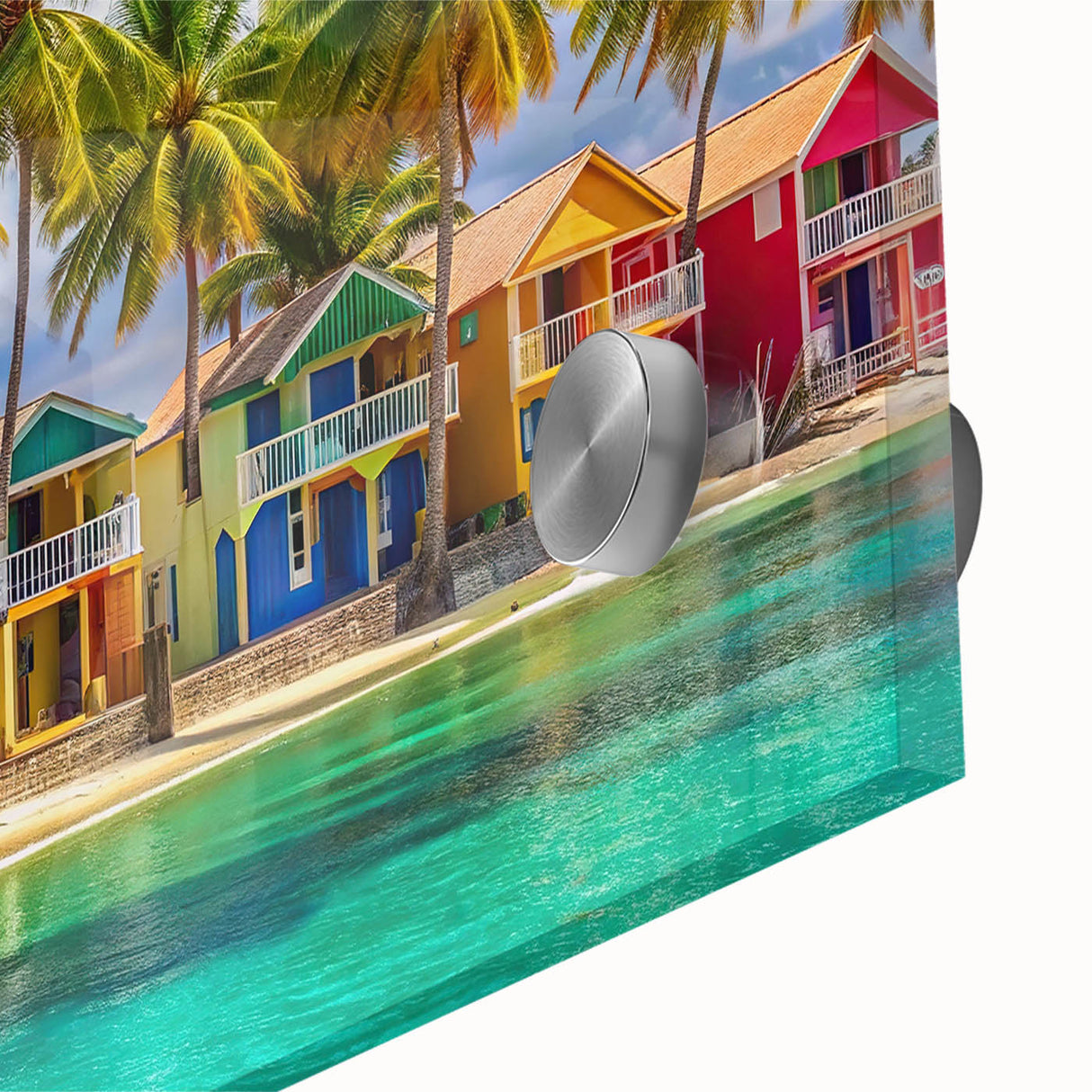 Large abstract wall art depicting a Caribbean scene in vibrant blues and greens on acrylic glass.