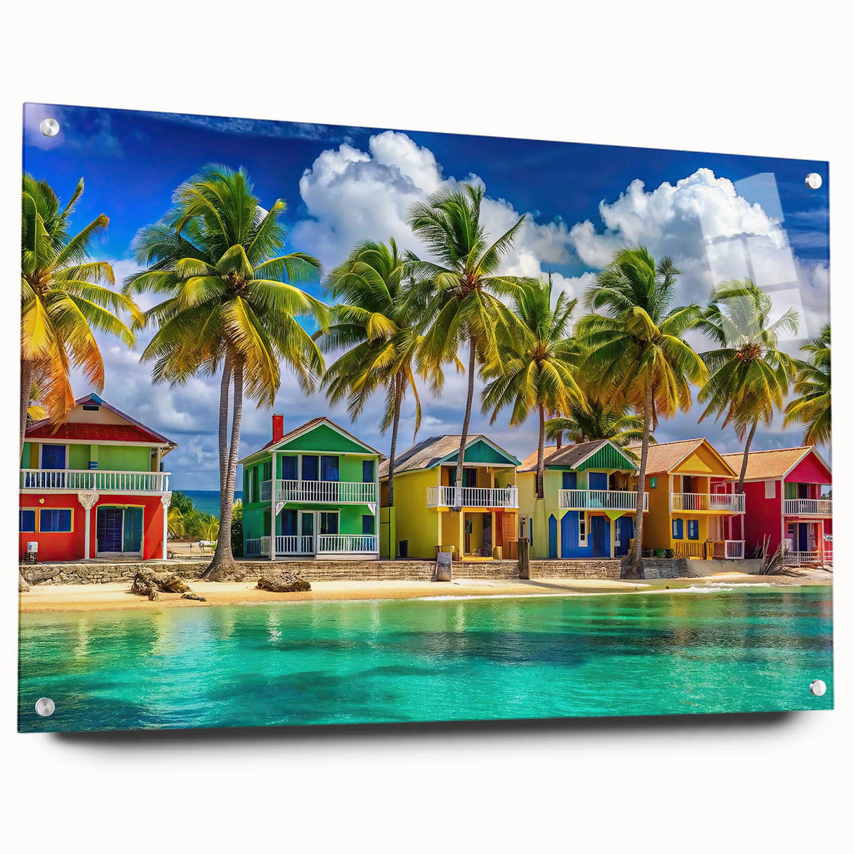 Large abstract wall art of Caribbean scenery on acrylic glass, suitable for bedroom or dining room decor.
