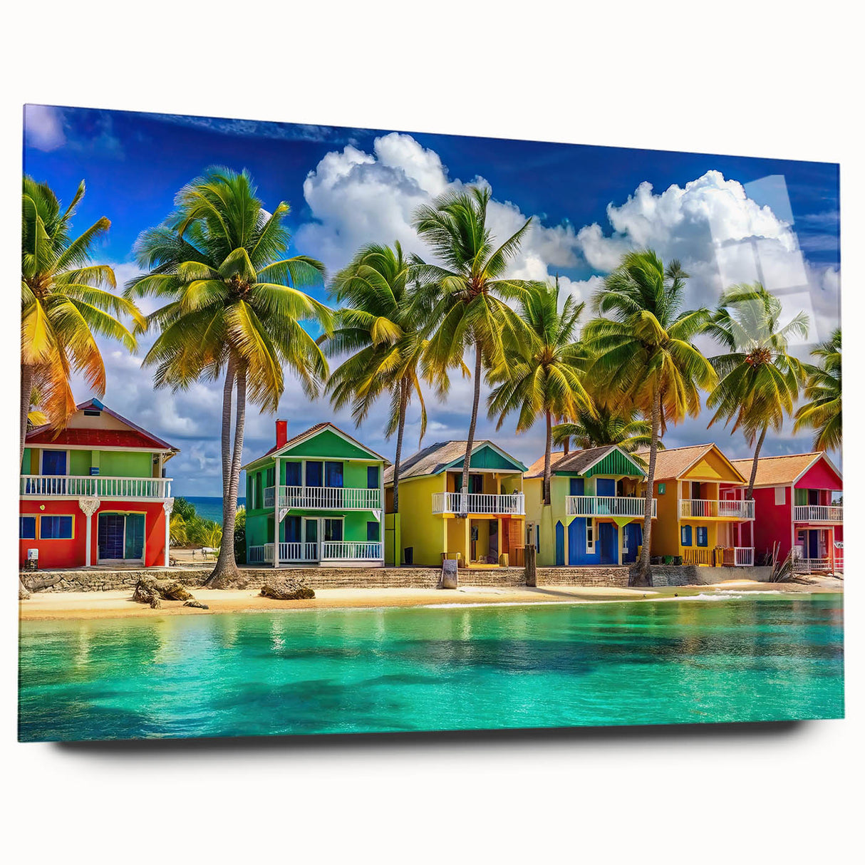 Large abstract wall art on acrylic glass depicting a serene Caribbean scenery, ideal for bedroom or dining room decor.