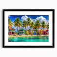 Extra large abstract art print depicting a colorful, textured Caribbean scenery on a framed canvas.