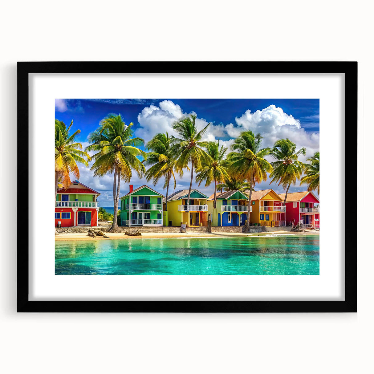 Extra large abstract art print depicting a colorful, textured Caribbean scenery on a framed canvas.