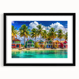 Extra large abstract art print depicting a colorful, textured Caribbean scenery on a framed canvas.