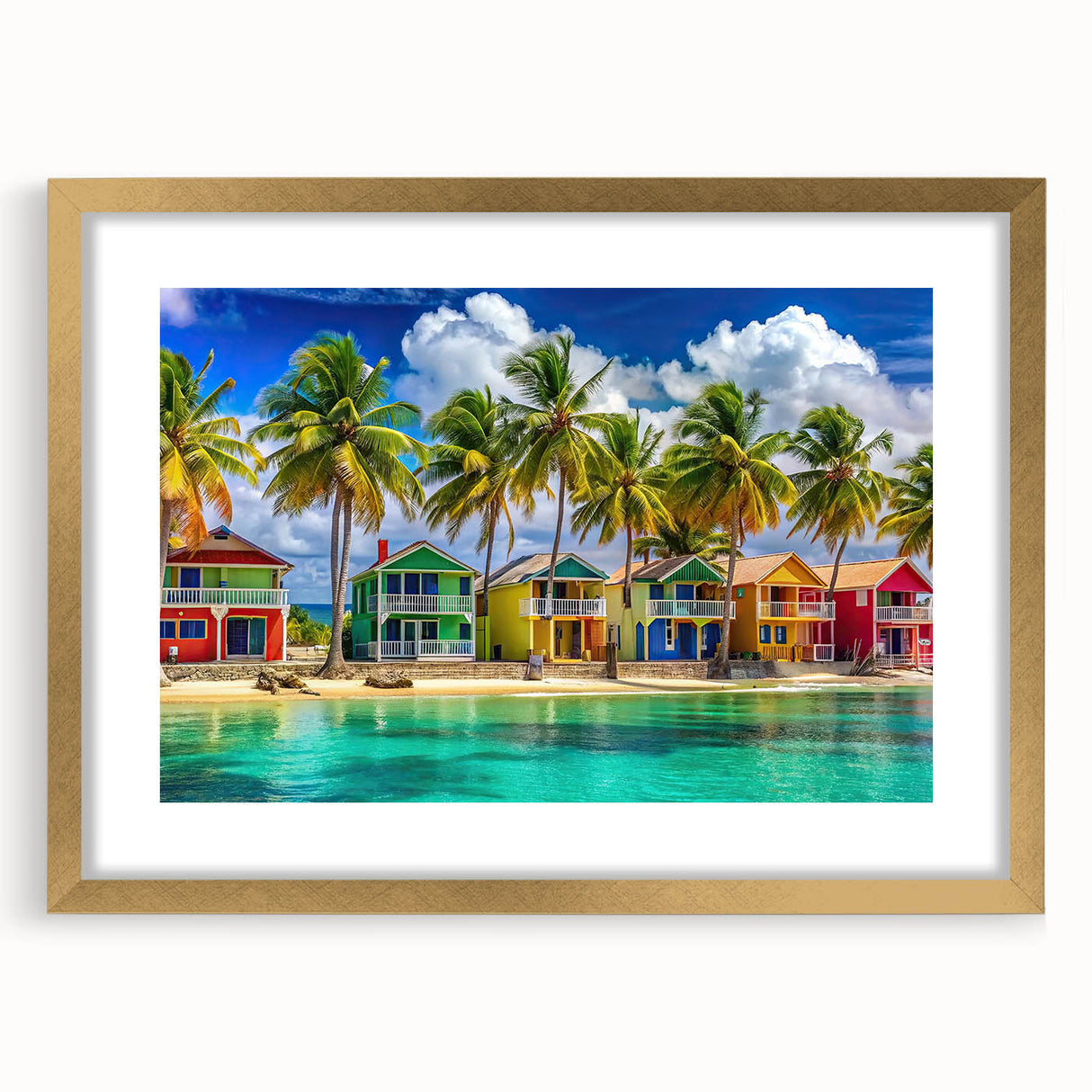 Abstract art print of Caribbean scenery in muted blue and green tones, framed with a gold mat.