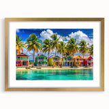Abstract art print of Caribbean scenery in muted blue and green tones, framed with a gold mat.