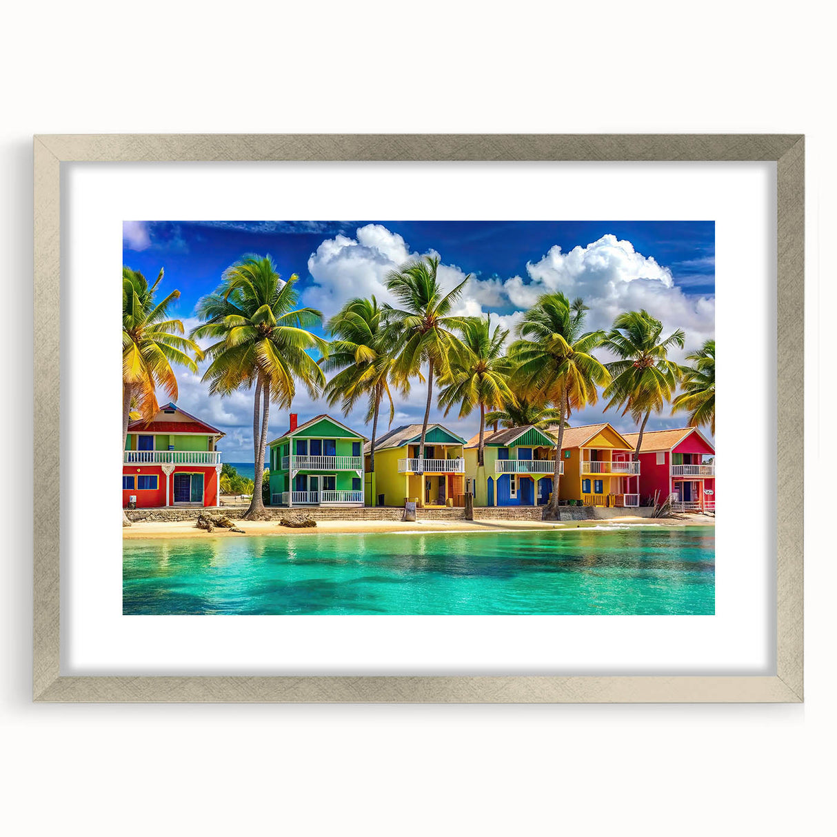 Extra large abstract art print featuring textured Caribbean scenery in muted blues and greens, framed in silver.