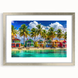 Extra large abstract art print featuring textured Caribbean scenery in muted blues and greens, framed in silver.