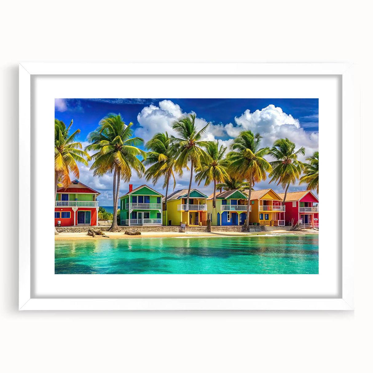 Textured abstract art print depicting Caribbean scenery in soft blue and green hues, framed in white, ideal for bedroom art.
