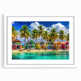 Textured abstract art print depicting Caribbean scenery in soft blue and green hues, framed in white, ideal for bedroom art.