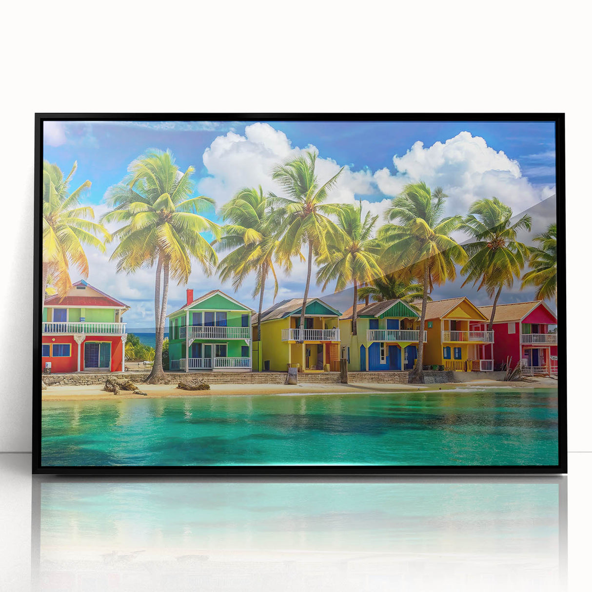 Large abstract wall art depicting a Caribbean scene in vibrant blue and green tones on a framed acrylic.