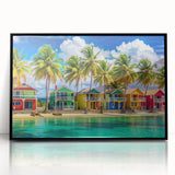 Large abstract wall art depicting a Caribbean scene in vibrant blue and green tones on a framed acrylic.