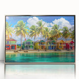 Art deco style poster featuring a Caribbean scenery in muted blue and green tones, acrylic print framed in silver.