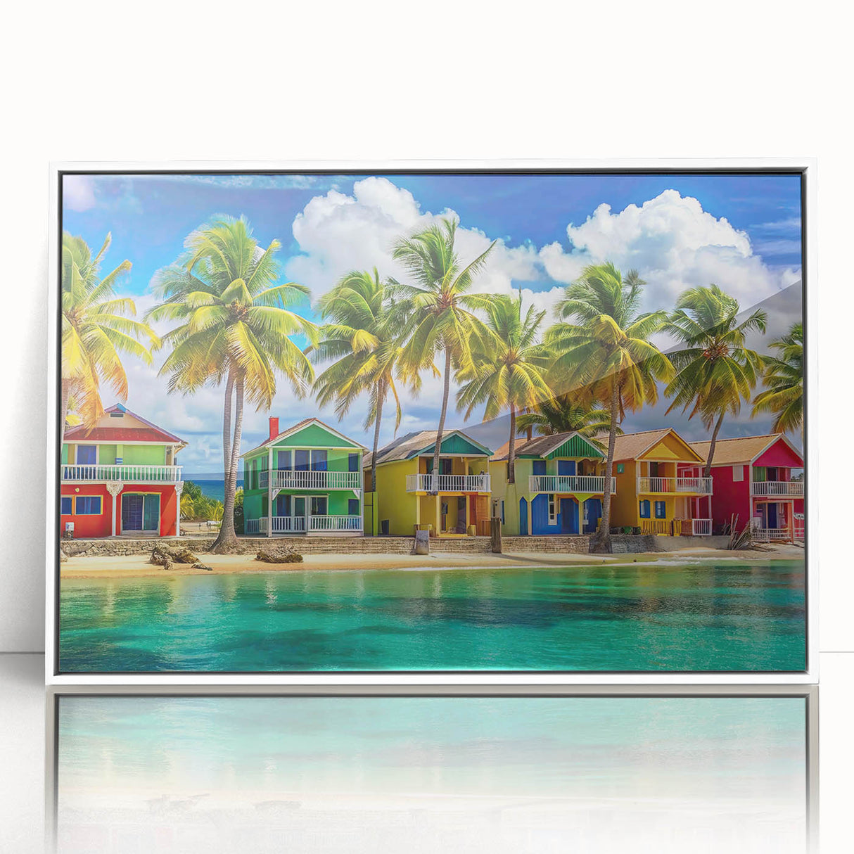 Framed acrylic print of a Caribbean scenery in muted blue and green tones, ideal for modern art wall decor.