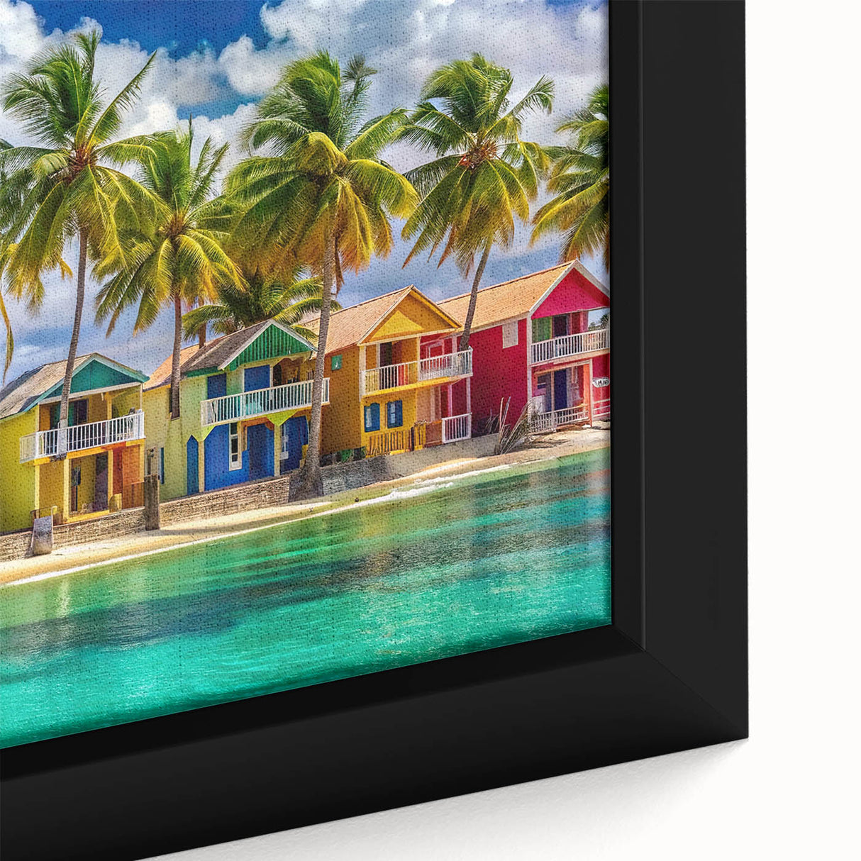 Extra large framed canvas of a Caribbean scene in black with vibrant, colorful textures, suitable for living room decor.