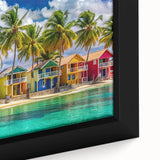 Extra large framed canvas of a Caribbean scene in black with vibrant, colorful textures, suitable for living room decor.