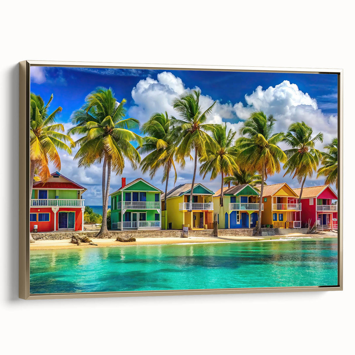 Vintage poster art of a Caribbean scene on framed canvas, featuring vibrant colors with black accents.