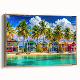 Vintage poster art of a Caribbean scene on framed canvas, featuring vibrant colors with black accents.