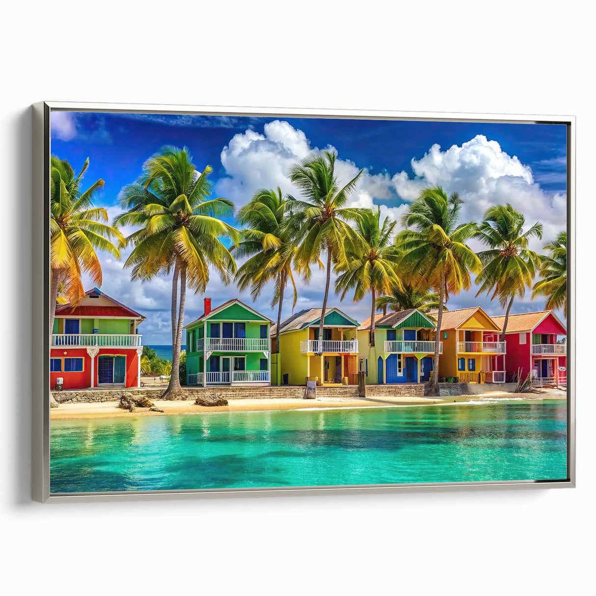 Framed canvas depicting a vintage-style Caribbean landscape in muted black and grey tones, ideal for bedroom wall art.