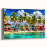 Framed canvas depicting a vintage-style Caribbean landscape in muted black and grey tones, ideal for bedroom wall art.