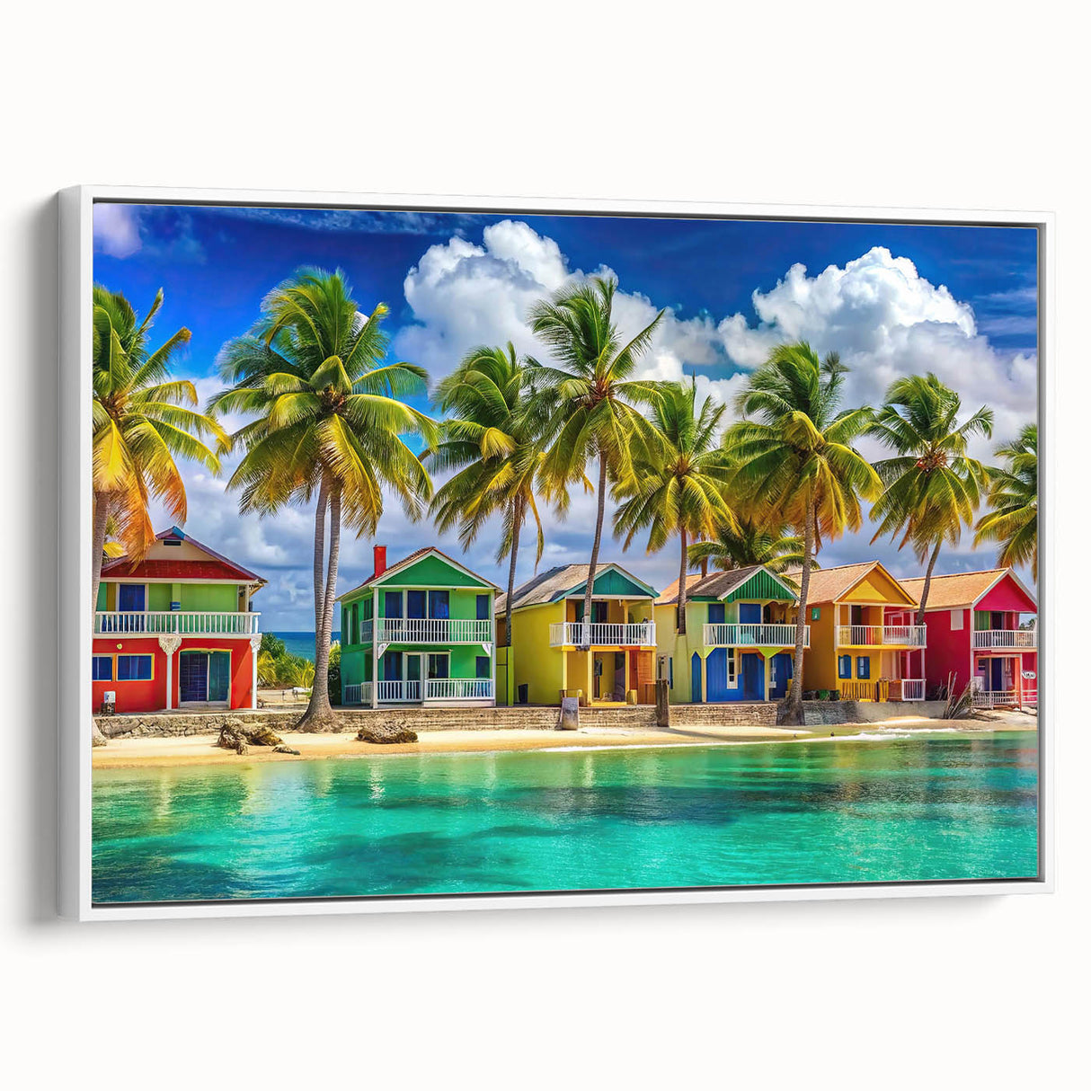 Landscape art painting of a Caribbean scene on framed canvas, featuring vibrant blue and green tones.