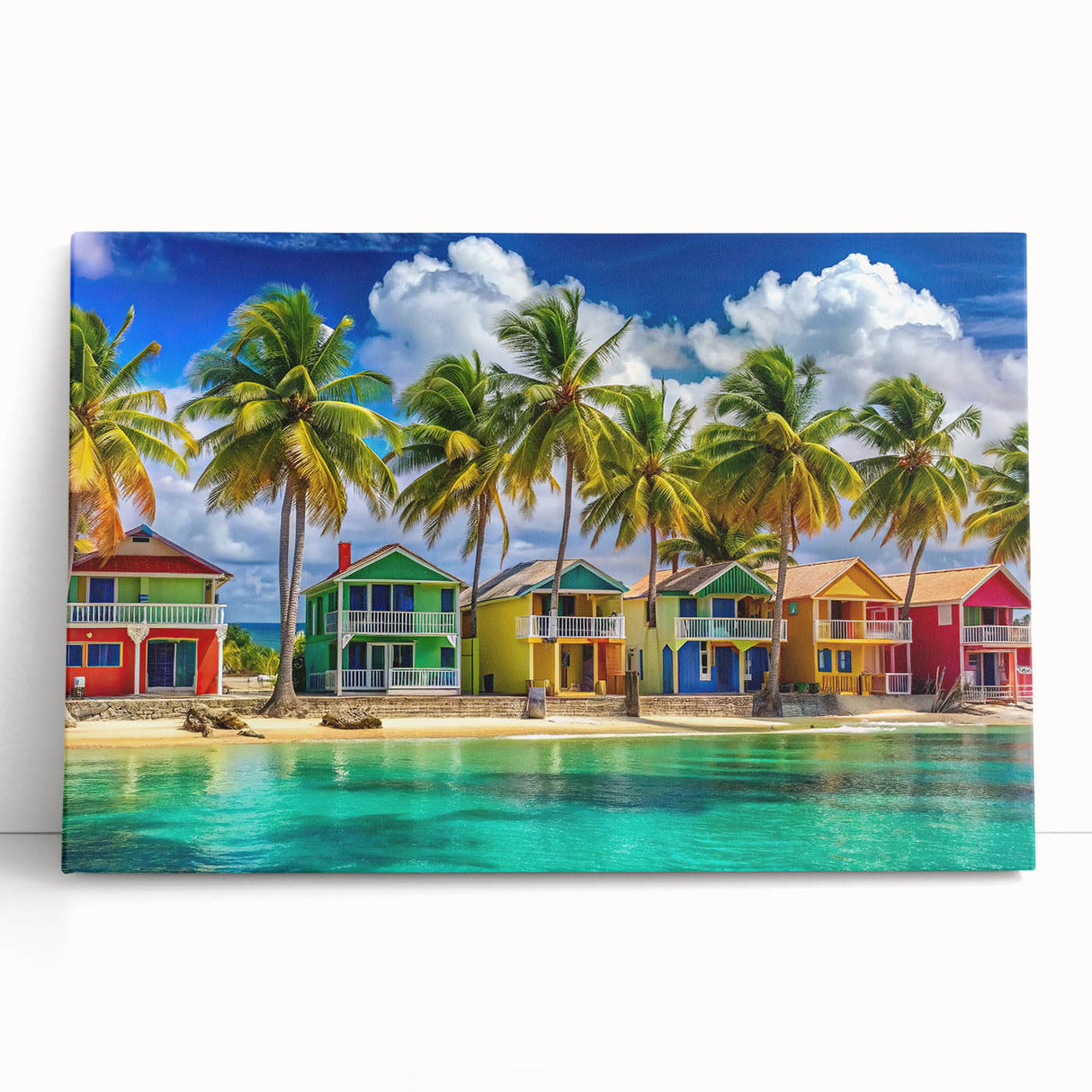 Black and white stretched canvas featuring a serene Caribbean beach scene, ideal for kitchen wall art.