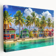 Large art depicting a Caribbean beach scene on stretched canvas, featuring soft blue and sandy hues.