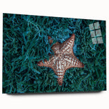 Large abstract wall art depicting Caribbean scenery on acrylic glass, featuring vibrant blue and green tones.