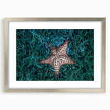 Extra large abstract art print of Caribbean scenery in muted blues and greens on a textured canvas, framed in silver.