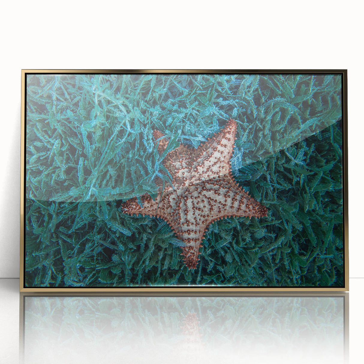 Art deco poster featuring a Caribbean scenery in pastel colors on a gold-framed acrylic, suitable for modern art wall decor.