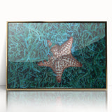 Art deco poster featuring a Caribbean scenery in pastel colors on a gold-framed acrylic, suitable for modern art wall decor.