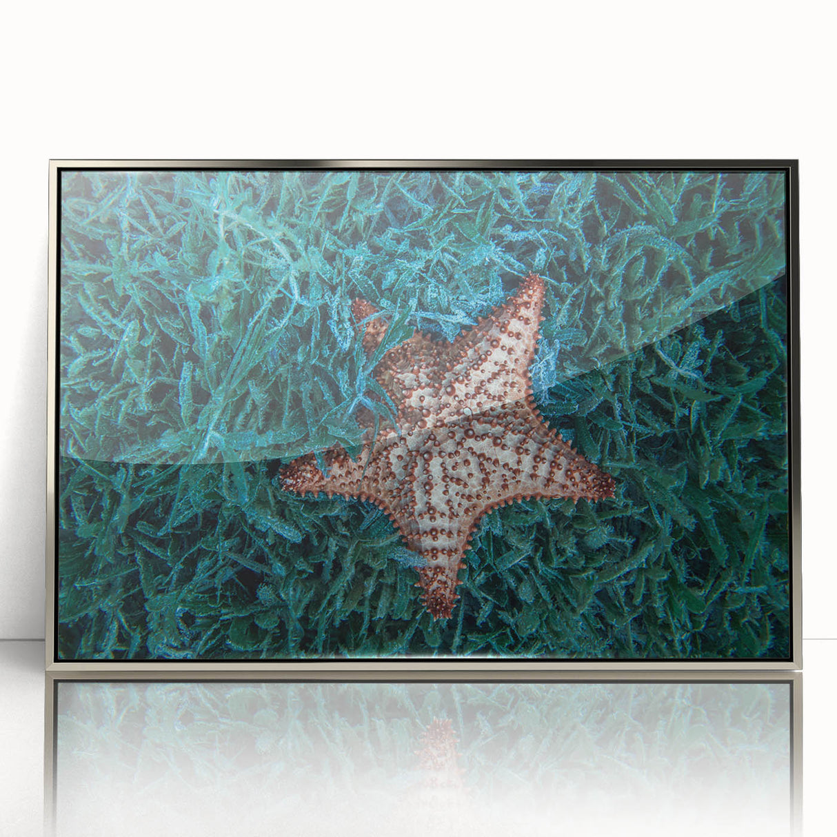 Large art print of a Caribbean Martinique scenery on silver-framed acrylic, in mid-century modernist style.