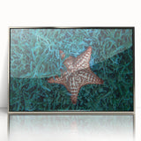 Large art print of a Caribbean Martinique scenery on silver-framed acrylic, in mid-century modernist style.
