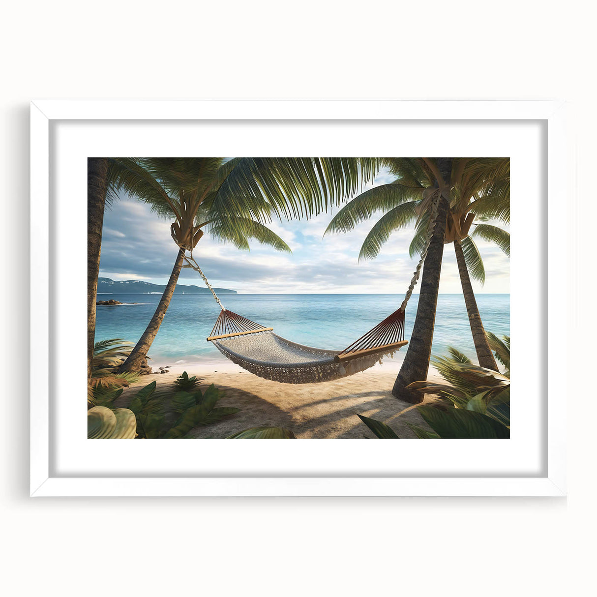 Textured abstract art print of Caribbean scenery in muted blue and green hues on a framed canvas, suitable for bedroom decor.