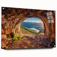 Acrylic print of a large abstract depiction of an Albanian landscape in muted earth tones.