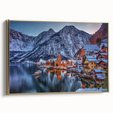 Vintage poster art of a scenic Austrian landscape on framed canvas, featuring vibrant greens and blues.