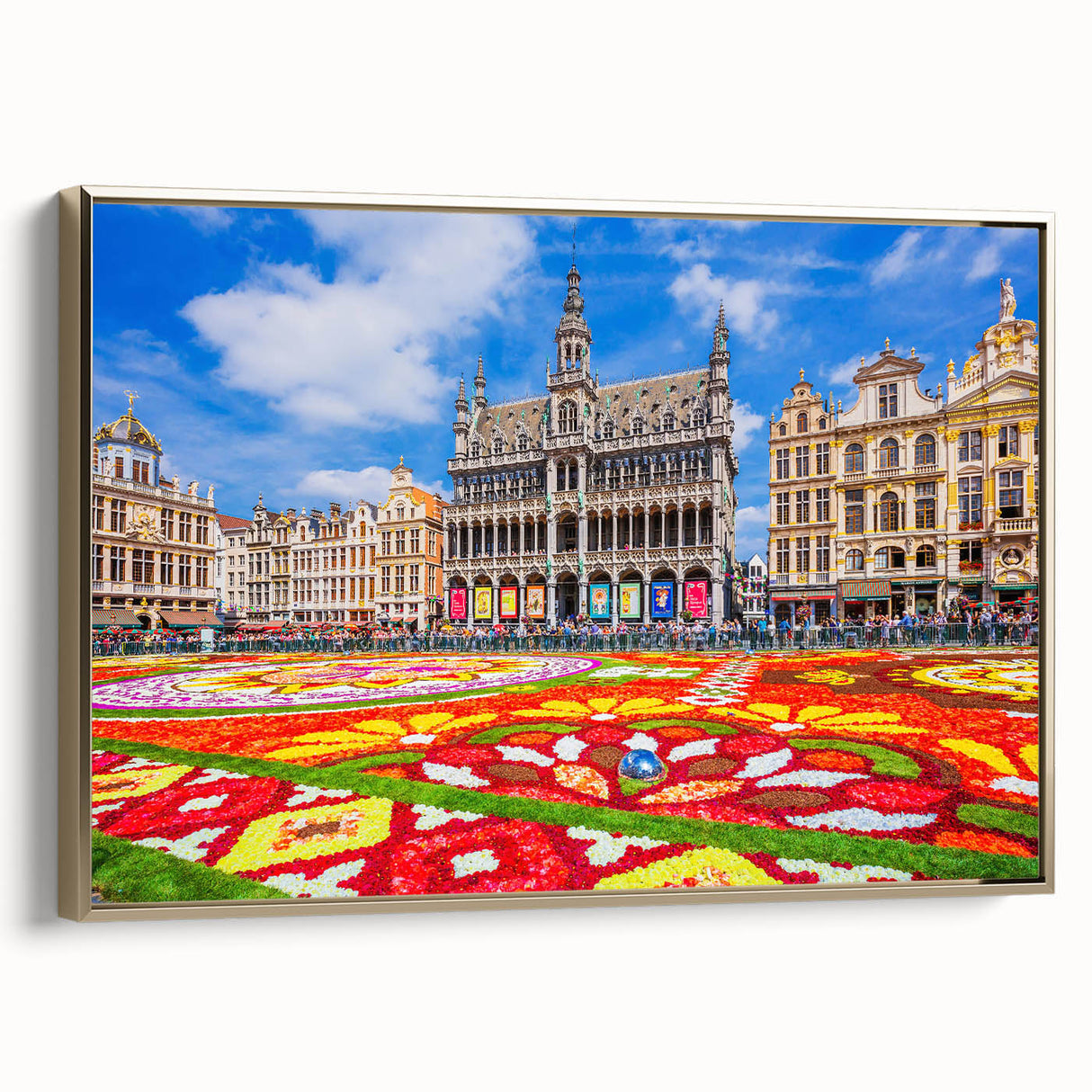 Framed canvas depicting a vintage-style Belgian landscape in muted gold and black tones, ideal for bedroom wall decor.