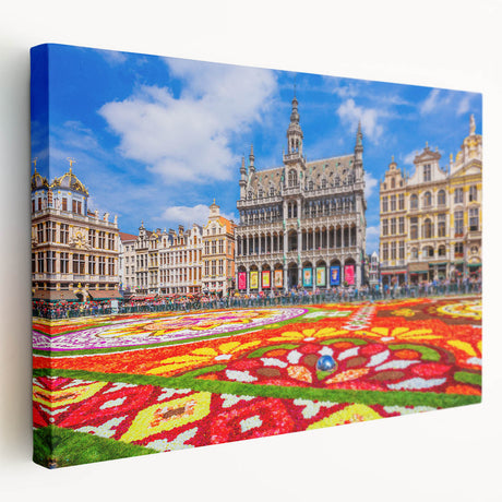 Large art depicting a European cityscape with muted earth tones on stretched canvas, suitable for kitchen wall art.