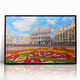 Large abstract wall art featuring a mid-century modernist European scenery in black acrylic frame.