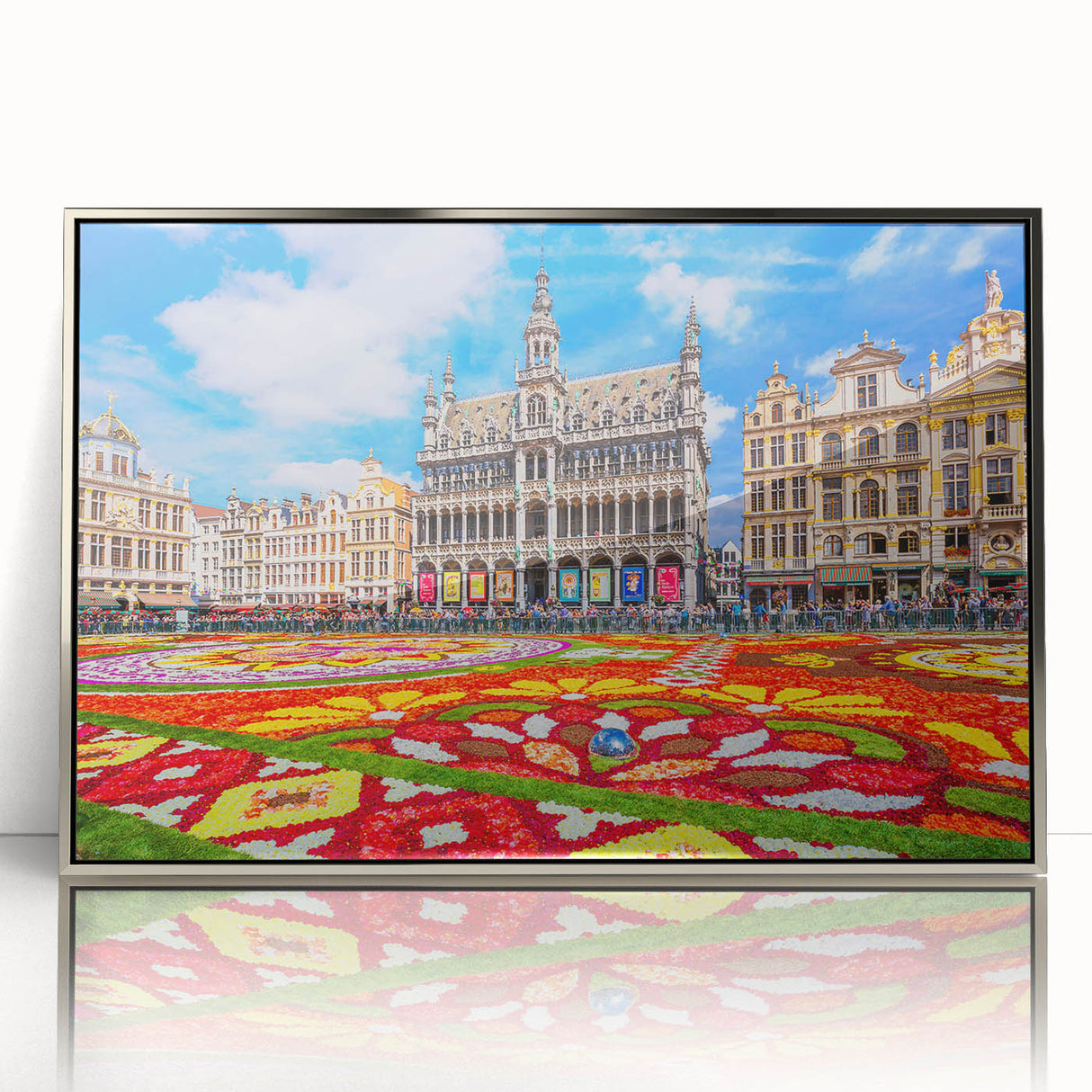 Mid-century modernist art depicting a European town scene in acrylic, with silver frame, suitable for nursery wall decor.
