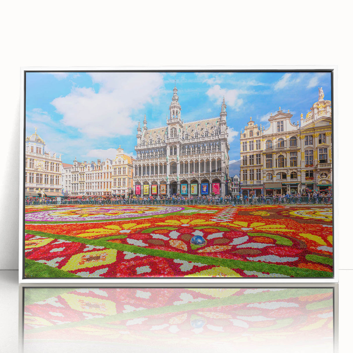 Art deco poster featuring a serene Belgian landscape in muted earth tones, acrylic print with white frame.