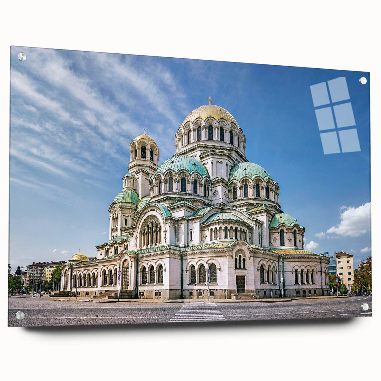 Acrylic print of a large abstract depiction of a European scenery in muted earth tones.
