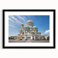 Extra large abstract art print of a colorful European scenery in Bulgaria on a textured canvas, framed in black.