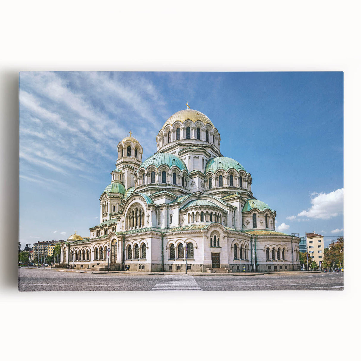 Black and white photo of a European village printed on large stretched canvas.
