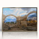 Art deco poster of a European Cyprus landscape in gold frame, acrylic print, suitable for nursery wall art.