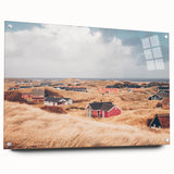 Large abstract wall art of a European scenery in Denmark, depicted in soft blue and green shades on acrylic glass.
