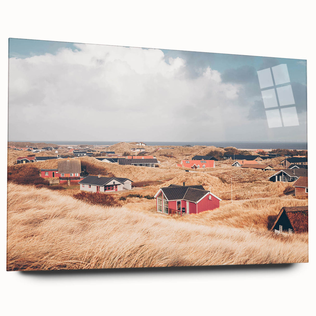 Acrylic print of a large abstract depiction of a European scenery in muted earth tones, ideal for bedroom or dining room art.