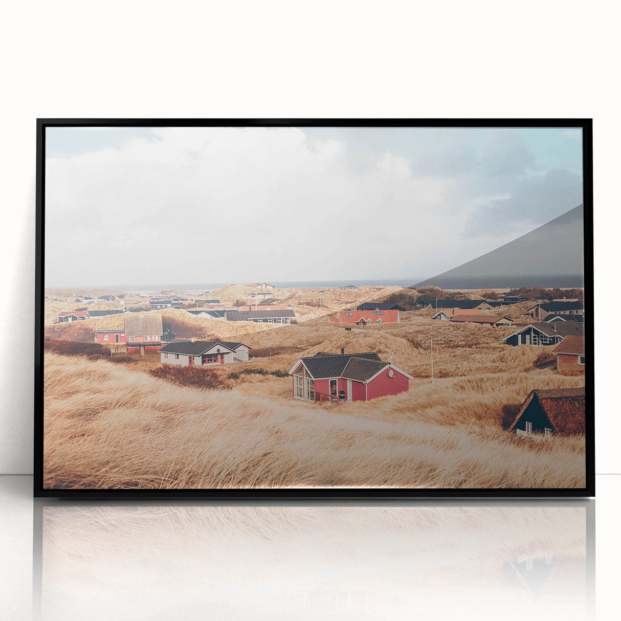 Large abstract wall art depicting a European scenery in Denmark, with muted earth tones on a framed acrylic.