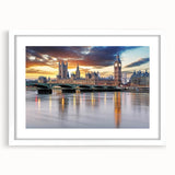Textured abstract art print of London scenery in muted earth tones on a framed canvas, suitable for bedroom decor.